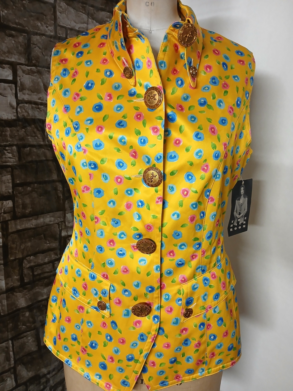 Vertigo Paris Yellow Floral Print Satin Vest with Gold Buttons